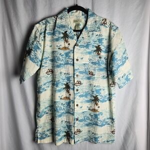 Vintage Trader Bay Nautical Map Island Hawaiian Shirt Mens Large Beach Coastal